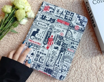 Retro japanese newspaper fabric iPad case with pen holder,iPad Air 11&quot; 13&quot; 2025 iPad A16 iPad Pro 11&quot; 13&quot; 2024 iPad Air 5 iPad 10 mini 7case