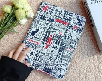 Retro japanese newspaper fabric iPad case with pen slot,iPad Air 5 2022 iPad Pro 11" 12.9'' 2022 iPad 10 10.9" iPad mini 6 case,iPad cover