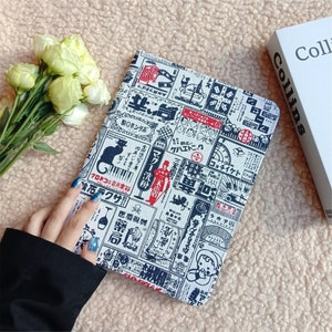 Étui pour iPad rétro en tissu journal japonais avec porte-stylo, iPad Air 11 pouces 13 pouces 2025 iPad A16 iPad Pro 11 pouces 13 pouces 2024 iPad Air 5 étui iPad 10 mini 7