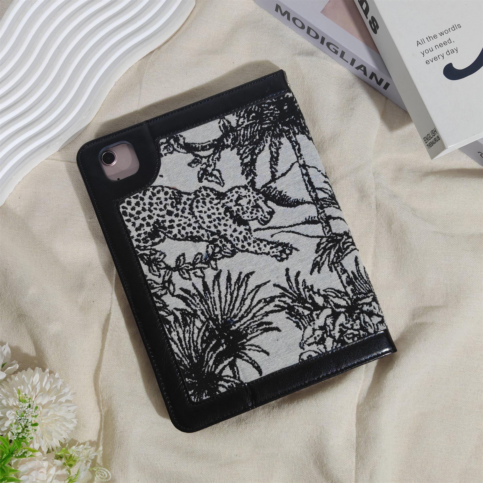 Retro Jungle Embroidery Fabric iPad Case With Black Leather,ipad