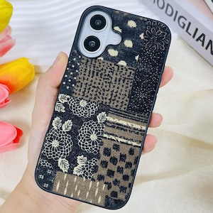 Retro japanischer Stil schwarz Tie-Dye Stoff Handytasche für iPhone 16 Pro Max 16e iPhone 15, Samsung S25 Ultra S24, Google Pixel 9 8Pro