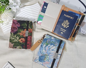 French style oil painting embroidery flower fabric and leather custom passport holder,RFID Anti-theft brush passport cover with YKK zipper