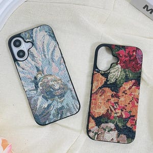 Coque pour téléphone en tissu avec broderie vintage, peinture à l'huile pour iPhone 16 Pro Max 16e, iPhone 15, coque pour Samsung S24 Ultra S23, Google Pixel 9 Pro XL 8Pro