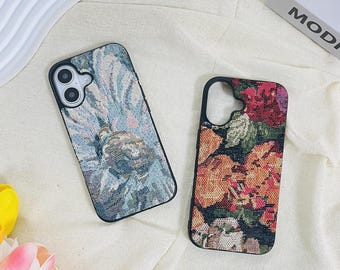 刺繍入りカラフルフラワー ブラックファブリックケース iPhone 17e 16e