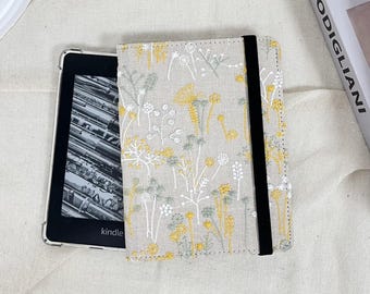Étui en tissu gris à fleurs brodées de style japonais pour Kindle 12e génération 6", Kindle Paperwhite 12e génération, Paperwhite 11e génération, Kindle Colorsoft