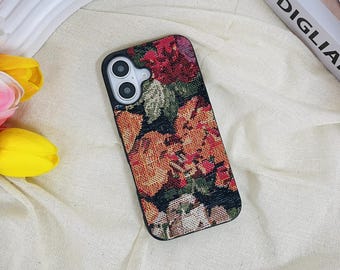 刺繍入りカラフルフラワー ブラックファブリックケース iPhone 17e 16e