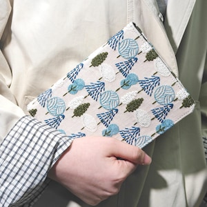 May include: A beige book cover with an embroidered pattern of stylized trees in blue, white, and green. The cover is held in a person's hand, with a plaid shirt sleeve visible in the background.