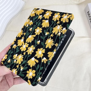 Étui en tissu noir avec marguerites jaunes brodées pour Kobo Clara Colour,Kobo Clara HD,Libra H2O,Kobo Clara BW,Kobo Clara2E,Libra Colour,Kobo Libra2