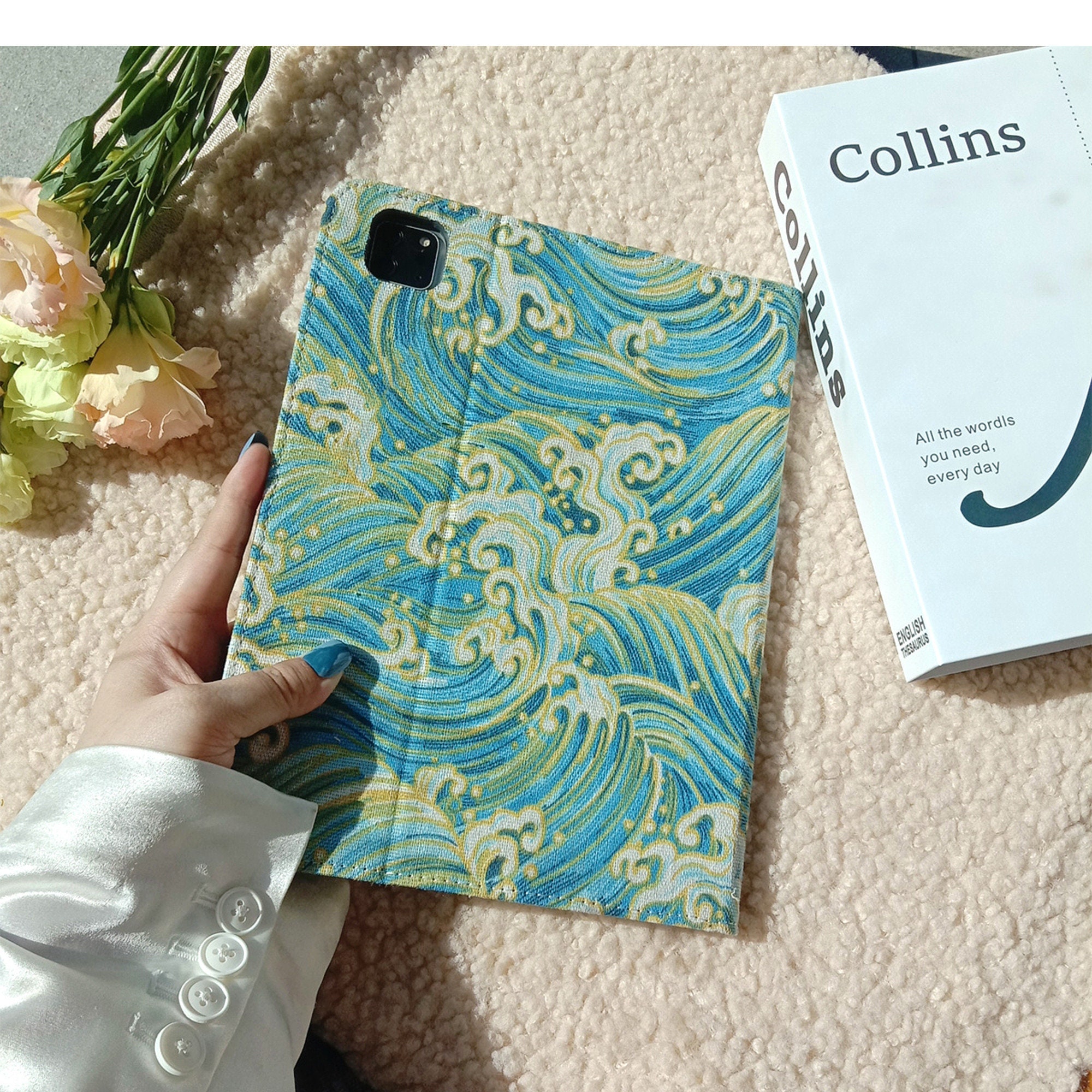 Retro Blue Sea Waves Fabric iPad Case With Pen Slot,ipad Air 11