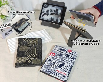 Detachable magnetic rotating Japanese-style vintage fabric Kindle case,auto sleep wake,Kindle Paperwhite 7" 2026 12/11th Gen,Kindle 6" 2026
