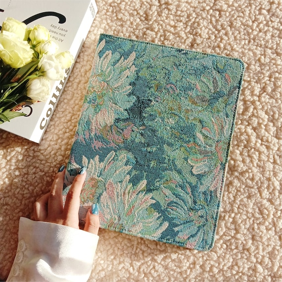 Vintage French Blues Embroidery Fabric iPad Case,iPad Air 11" 13" M4 iPad A16,iPad Pro 11" 13" M5,iPad Air 5 Pro 12.9'' iPad 10 mini 7