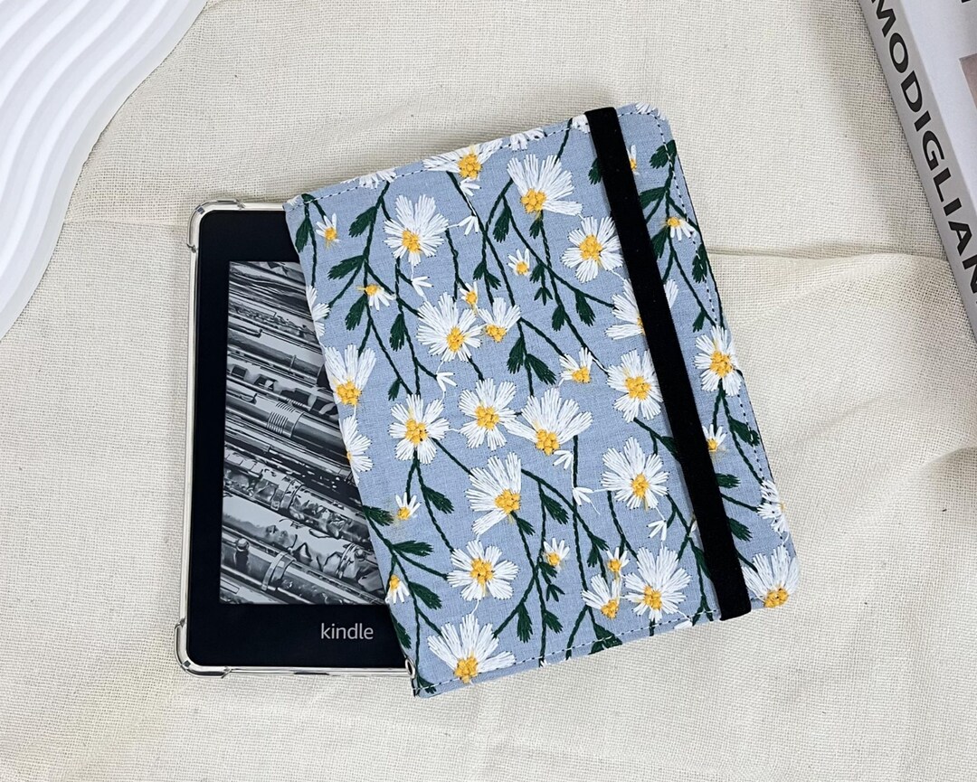 Embroidered White Daisy Blue Fabric Kindle Case,kindle 12th Gen 6 ...