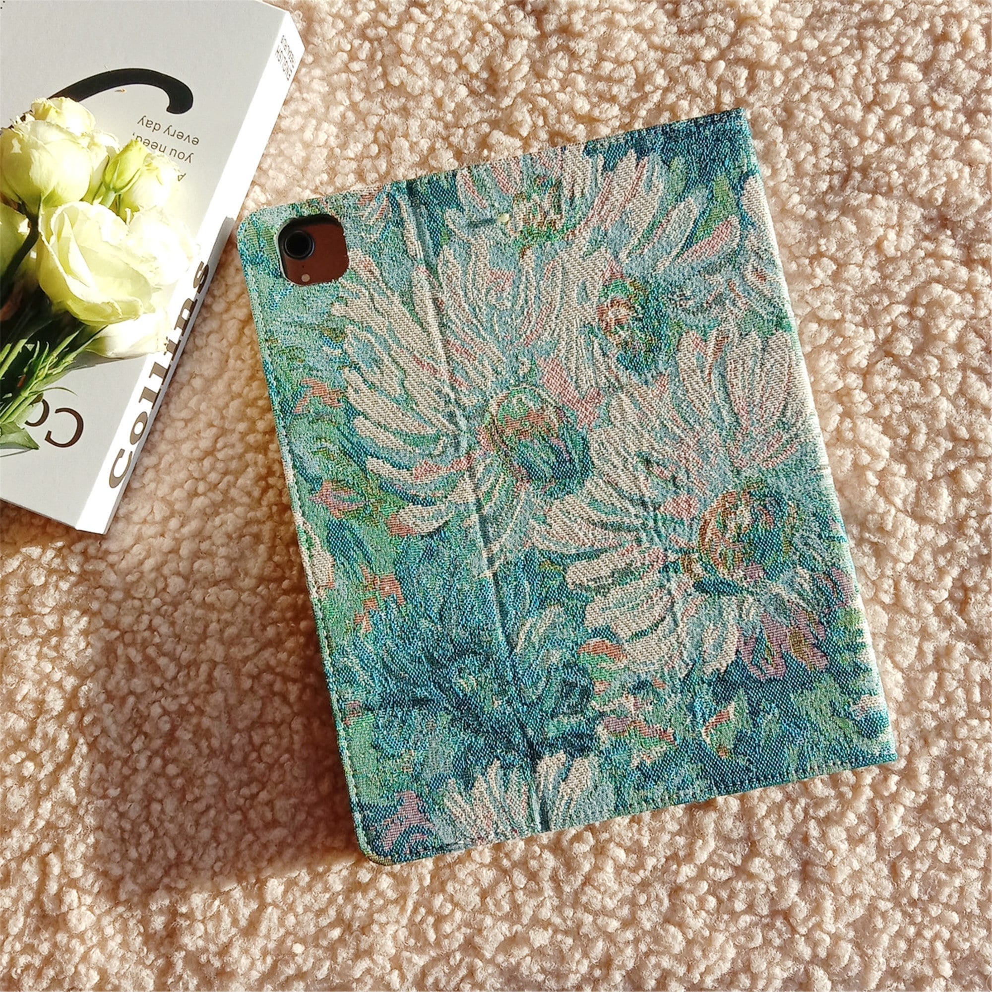 Vintage French Blues Embroidery Fabric iPad Case,iPad Air 11&quot; 13&quot; 2024 iPad Pro 11&quot; 13&quot; iPad Air 5 Pro 12.9&#39;&#39; iPad 10 mini 7(A17 Pro) case
