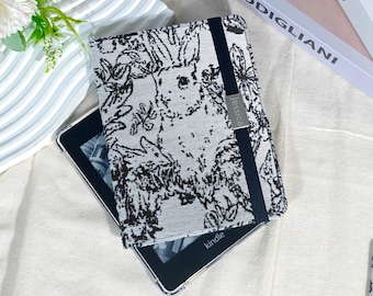 Retro jungle bunny fabric case with custom metal label for Kindle 11th 6",Paperwhite 12th 11th Gen,Kobo Clara Colour,Tolino Vision Color