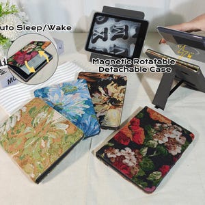 May include: A collection of magnetic, rotatable, and detachable e-reader cases with floral tapestry designs. The cases feature auto sleep/wake functionality. One case is displayed open, showcasing the e-reader screen.