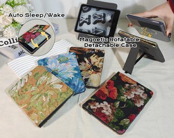 Embroidered Fabric Kindle Case, Kindle 6" 2026 Case, Kindle Paperwhite 7" 2026 Case, Magnetic Detachable Rotating Cover, Auto Sleep/Wake