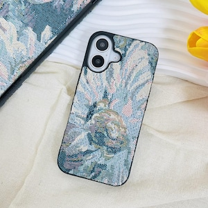 Vintage french blues embroidery flower fabric phone case for iPhone 17 Pro Max 17e 16 15,Samsung S26 Ultra S25 case,Google Pixel 10 Pro 9Pro