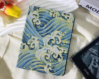 Retro Blue Sea Waves Fabric Kobo case,Kobo Clara Colour,Kobo Clara BW,Libra Colour,Kobo Libra 2,Tolino Vision 6 Shine 5,Boox Go Color 7 Case