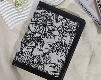 Retro Jungle Embroidery Fabric iPad Case with Black Leather,iPad Air 11" 13" M4,iPad A16,Sleep/Wake Up,Pro 11" 13" 2024 iPad Air 5 mini 7