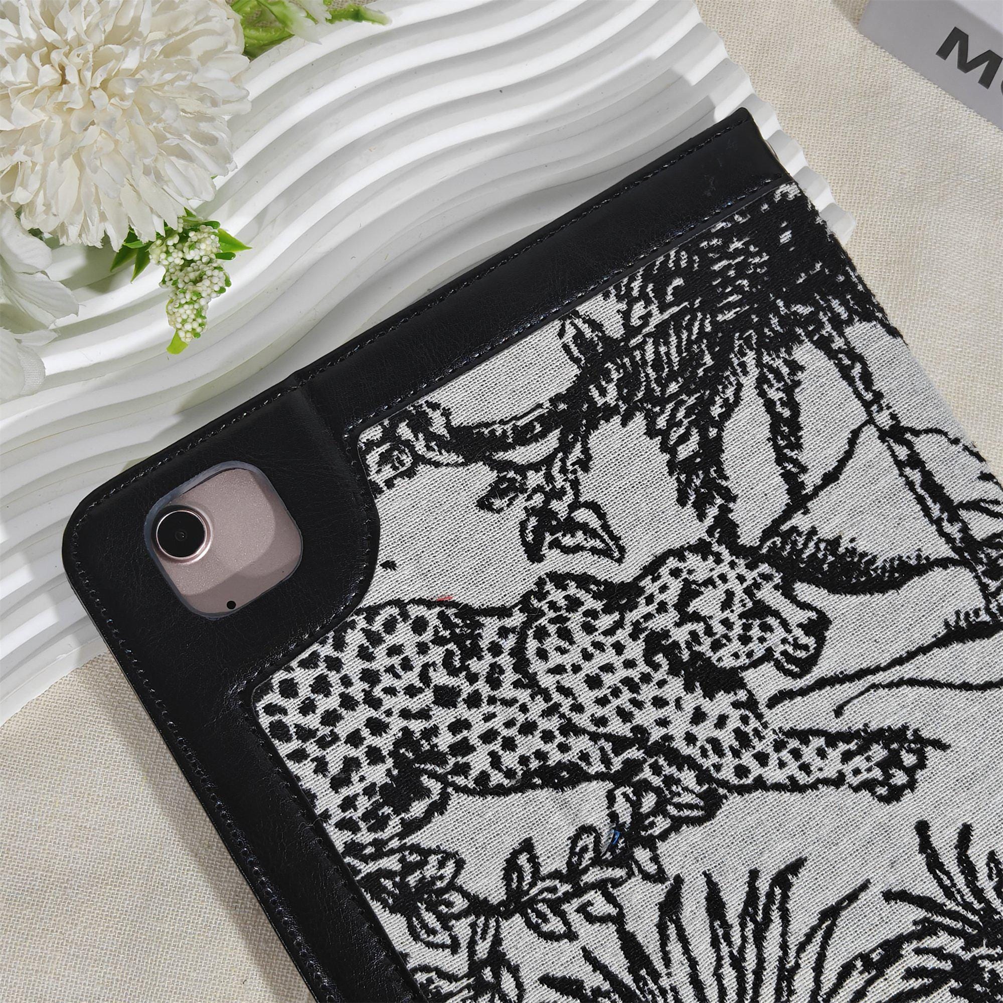 Retro Jungle Embroidery Fabric iPad Case With Black Leather,ipad