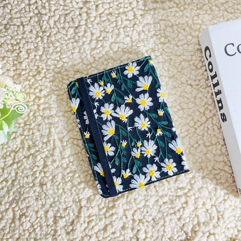 Embroidered white daisy black fabric Kindle case,Kindle 6 2022 Kindle Paperwhite 11th Gen case,Paperwhite 10th Gen,Kindle Oasis 10th Gen image 1