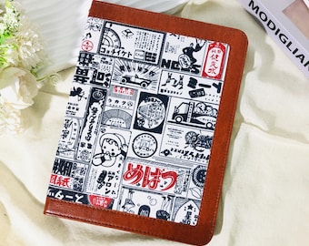 Retro Japanese Newspaper Fabric iPad Case with Leather Border,iPad Air 11" 13" M4,iPad A16,Sleep/Wake Up,Pro 11" 13" 2024 iPad Air 5 mini7