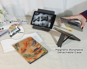 Detachable magnetic rotating retro colorful painting fabric custom Kindle case,auto sleep wake,Paperwhite 7" 2026 12/11th Gen,Kindle 6" 2026