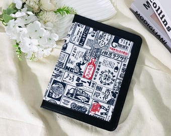 Retro Japanese Newspaper Fabric iPad Case with Black Leather,iPad Air 11" 13" M4,iPad A16,Sleep/Wake Up,Pro 11" 13" 2024 iPad Air 5 mini 7