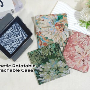 May include: A magnetic rotatable detachable case for a tablet, shown with a black tablet inside, alongside three additional fabric covers featuring floral tapestry patterns in shades of green, pink, and multi-colored beige.