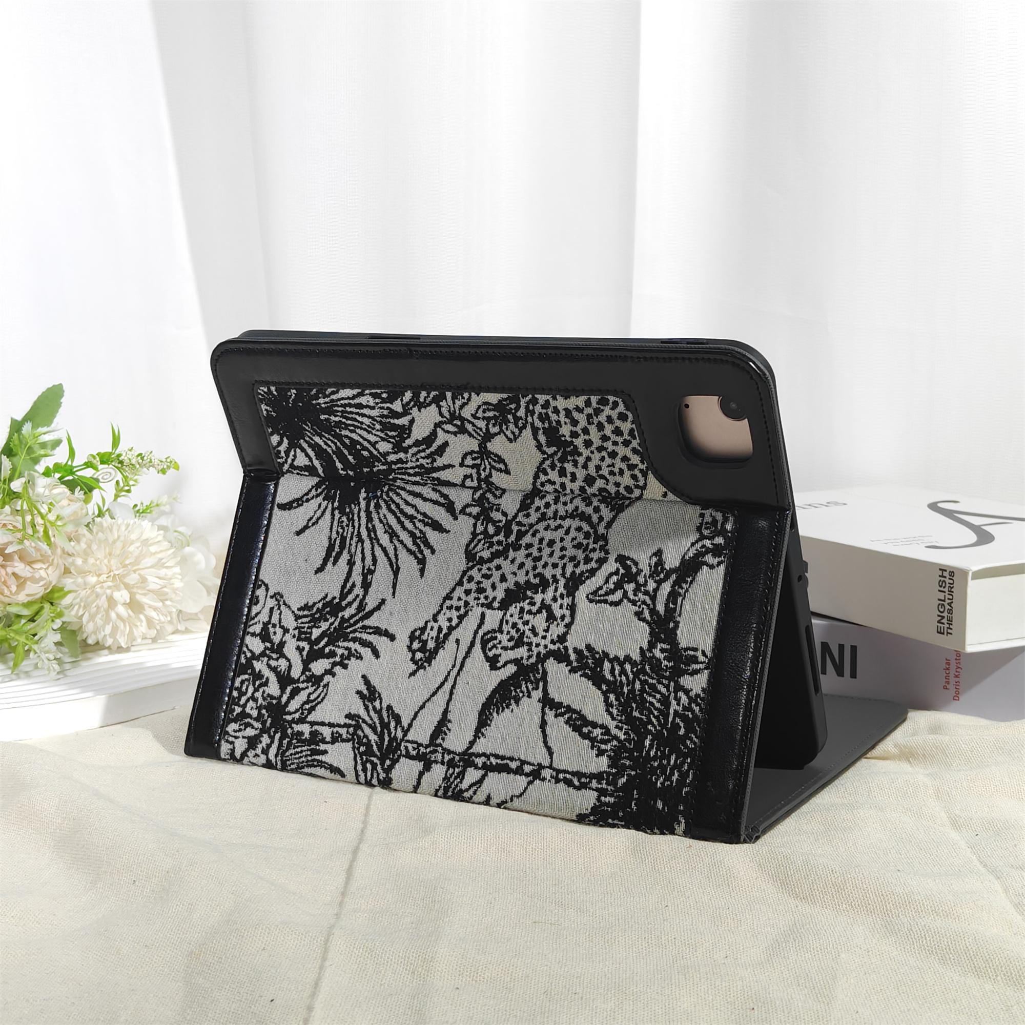 Retro Jungle Embroidery Fabric iPad Case With Black Leather,ipad