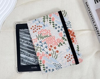 Étui en tissu beige à broderies de style japonais rétro pour Kindle 6" 2024, Kindle Paperwhite 12e génération, Paperwhite 11e génération, Kindle Colorsoft