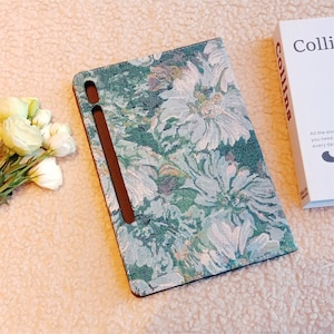 Broderie rétro bleu français Étui pour Samsung Tab S9 S9 FE Emplacement pour S Pen intégré,Étui pour Samsung Tab S8+ S9+ S8 S7FE S7+,Étui pour Samsung Tab