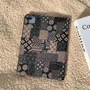 Retro black gray tie-dye fabric iPad case with pencil holder,iPad Air 11" 13" M4,iPad Pro 11" 13" M5,iPad A16 iPad Air 5 iPad mini7 case image 2