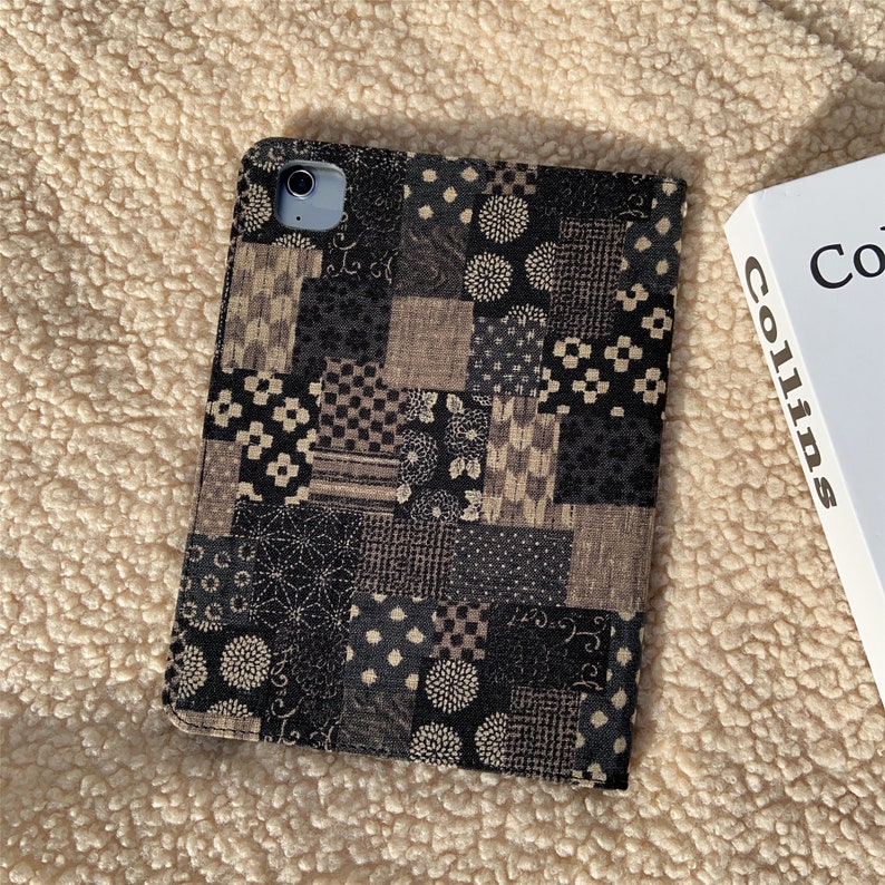 Retro black gray tie-dye fabric iPad case with pencil holder,iPad Air 11" 13" M4,iPad Pro 11" 13" M5,iPad A16 iPad Air 5 iPad mini7 case image 2