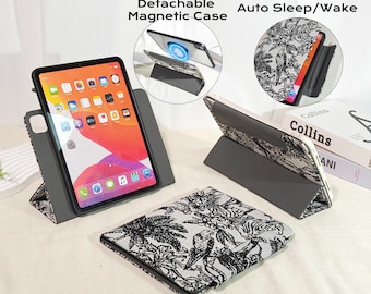 Detachable magnetic 360 rotating retro embroidered fabric iPad case for iPad Air 11" 13" M4, iPad A16,iPad Pro 11" 13" M5 M4,auto sleep wake