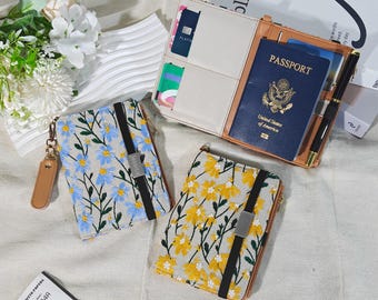 Embroidered daisy fabric and microfiber leather custom passport holder,RFID Anti-theft brush passport case with elastic band and YKK zipper