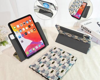 Embroidered Fabric iPad Case, Custom Name, Magnetic Detachable, Auto Sleep/Wake, Rotatable Stand