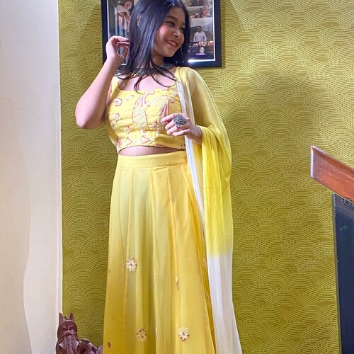 Yellow chiffon lehenga and crop top set, festive skirt and shops blouse set