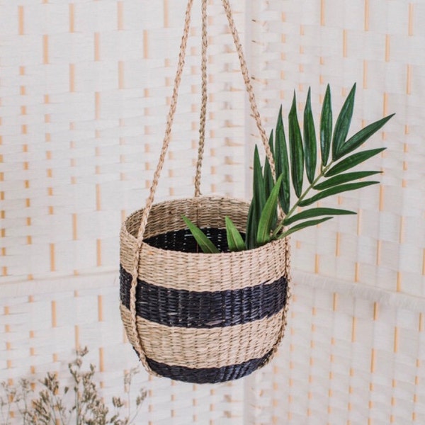 Seagrass Hanging Planter, Woven Basket, Black Stripes Basket, Scandi Boho Basket