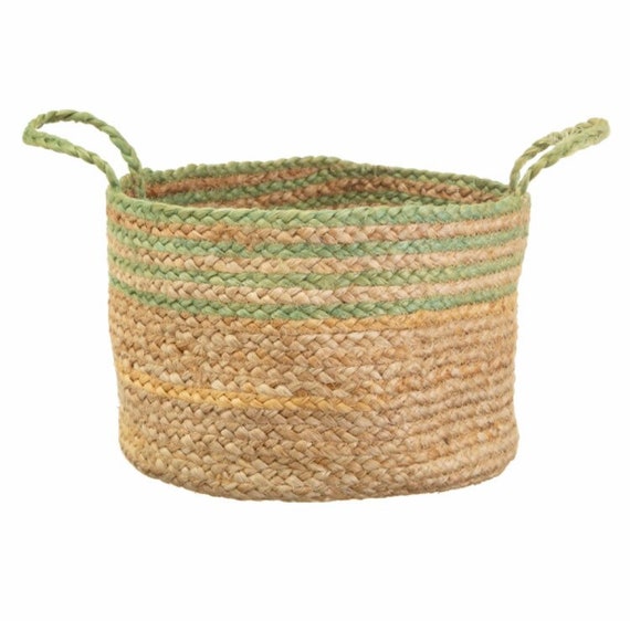 Woven Basket Green Stripe Jute Storage Basket Planter Etsy UK