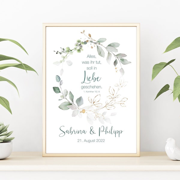 Hochzeitsposter, Paarposter personalisierbar mit Namen und Datum, Korinther, Greenery, als Print oder PDF Datei, Eukalyptus