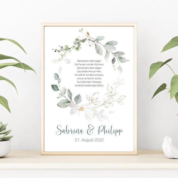 Hochzeitsposter, Paarposter personalisierbar mit Namen und Datum, Eukalyptus, Greenery, als Print oder PDF Datei, grün