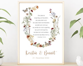 Hochzeitsposter, Paarposter, personalisierbar mit Namen und Datum, Korinther, Greenery, als Print oder PDF Datei, Wiesenblumen