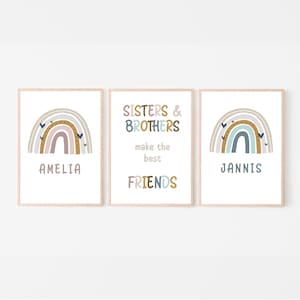 Wandbild Kinderzimmer 3er Set, Geschwister Poster, Zwillinge, Namensposter, Geburtsposter Regenbogen, rosa, blau
