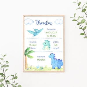 Geburtstafel Dinosaurier personalisierbar, Geburtsposter, Geschenk zur Geburt, Geburtsanzeige, Print oder PDF, blau