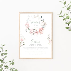 Patenbrief personalisierbar, Patenurkunde, Geschenk vom Taufkind für den Paten, Taufbrief, Print oder PDF, Rosen, Eukalyptus, rosa