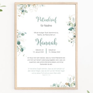 Customizable godparent letter, godparent certificate, gift from the child being baptized for the godfather, baptism letter, eucalyptus, as a print or PDF, green