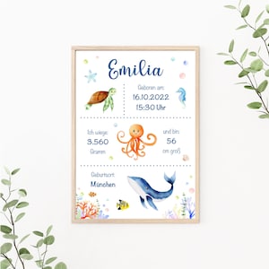 Geburtstafel Meer personalisierbar, Geburtsposter Wal, Geschenk zur Geburt, Geburtsanzeige, Print oder PDF