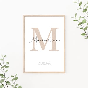 Geburtsposter personalisierbar mit Geburtsdaten, Geschenk zur Geburt, Buchstaben Poster, Monogramm, Kinderzimmer Deko, Print oder PDF, beige