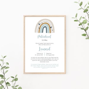 Patenbrief Regenbogen, Patenurkunde personalisierbar, Geschenk vom Taufkind für den Paten, Taufbrief, Print oder PDF, blau